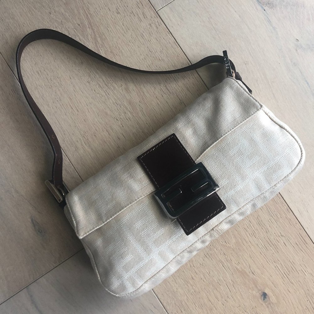 Authentic Vintage Fendi White Zucca Baguette Shoulder Bag